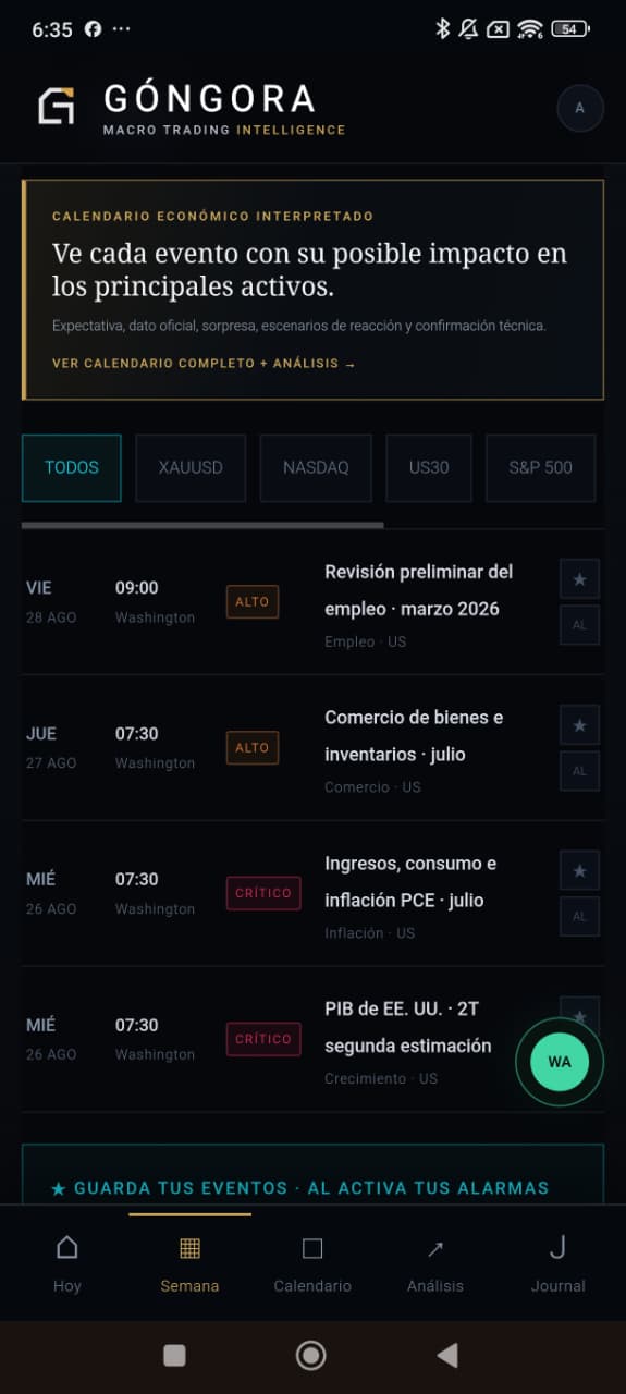 Captura real de Góngora Macro en celular con el calendario interpretado